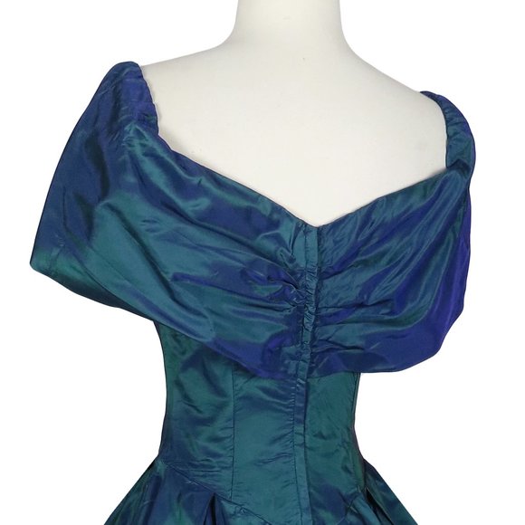 Vintage 80s 90s Dark Blue Green Taffeta Full Skirt Bow Prom Party Dress S Small - Picture 7 of 10